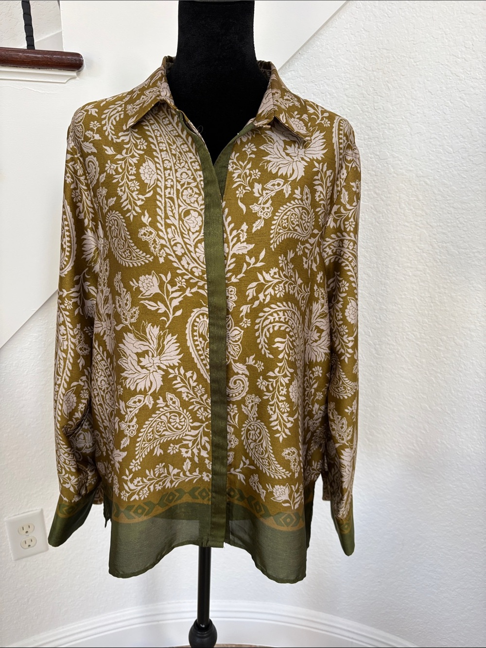 Zara Olive Green & White Paisley Button-Down Shirt